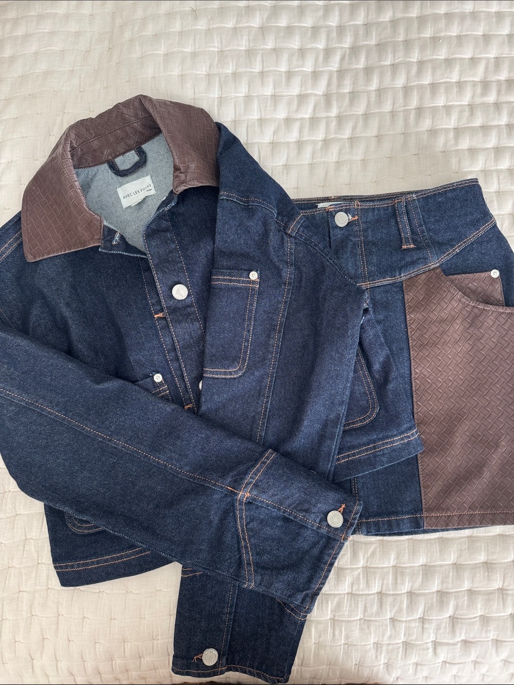 Avec Les Filles Dark Indigo Denim Jacket with Brown Quilted Collar and Skiry